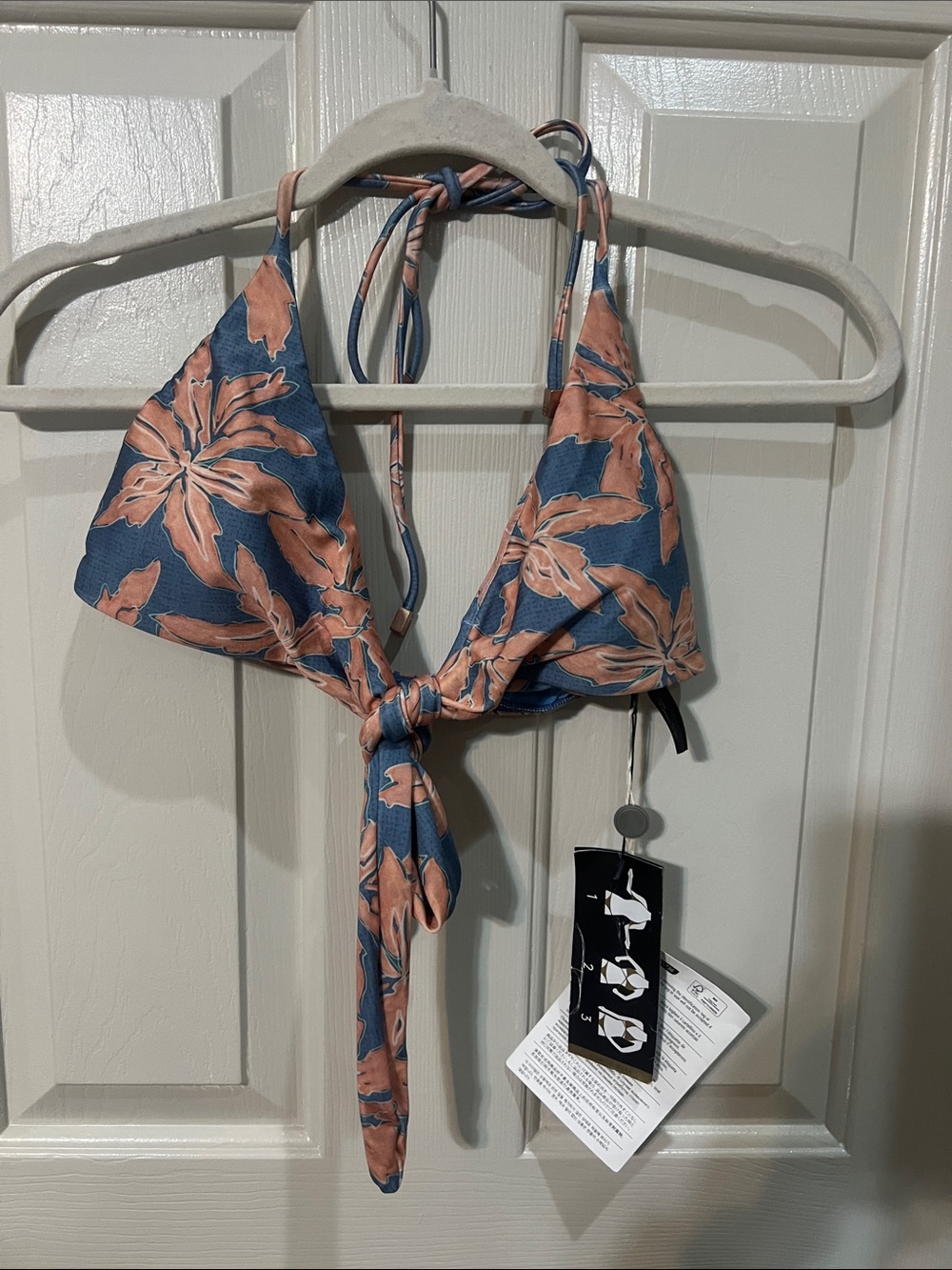 Floral Tie-Front Halter Bikini Top - Blue & Peach